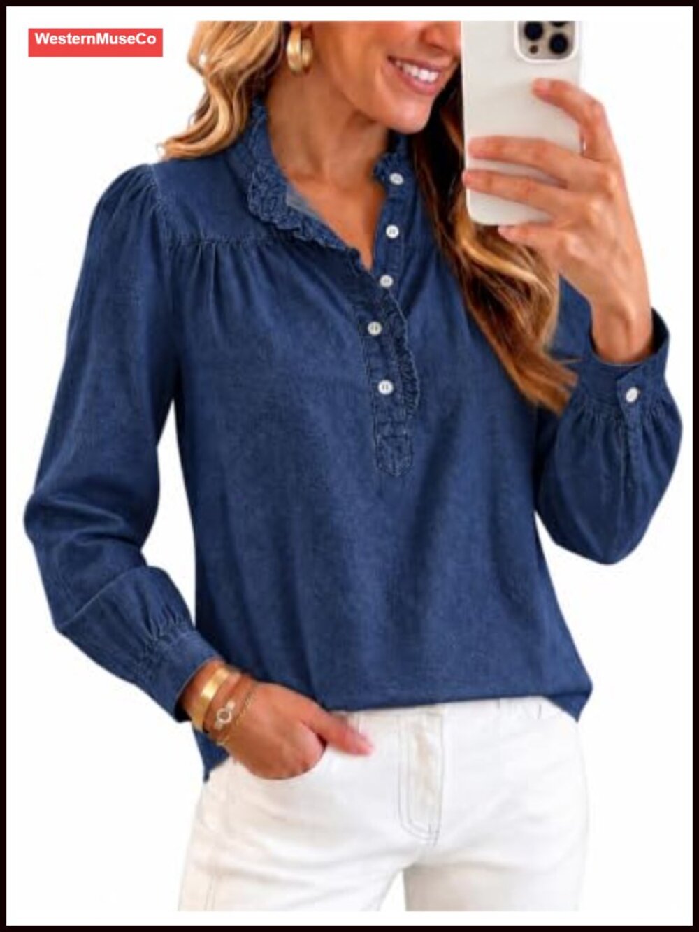 Womens Lightweight Denim Blouse Half Button Ruffle Collar Lantern Sleeve Top